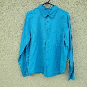 CP Shades Silk Cotton Blue Button Down Pocket Blouse